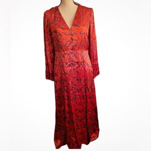 Topshop Women's Satin Floral Red Midi 2 Front Slits Split Back Neckline size 6